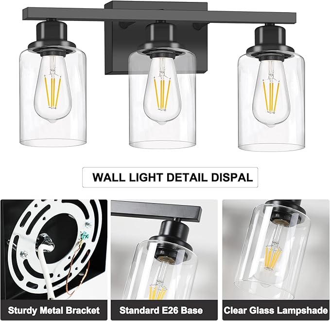 DIKAIDA 3-Light Bathroom Light Fixtures, Modern Bathroom Wall Lights Over Mirror
