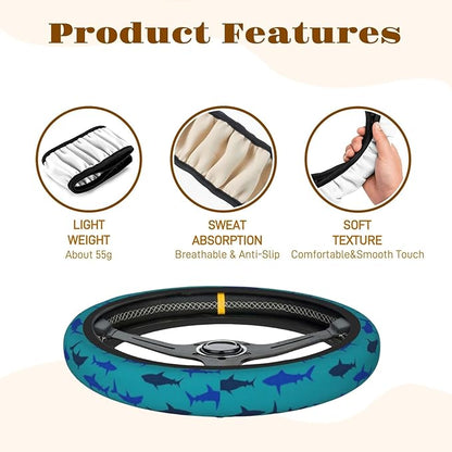 Steering Wheel Cover Accessories Neoprene Cover, Breathable Non-Slip Easy to Install Suitable for Women Men, 14.5-15.5 Inch for Car SUV Van Truck Universal - Cute Shark