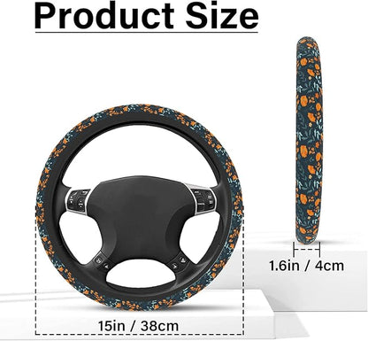 Orange Wildflowers Steering Wheel Cover, Cute Print Steering Wheel Cover Protector, Ultra Thin Breathable Non-Slip, Car Accessories for Women, for Steering Wheel with a Diameter of 14.5"-15"