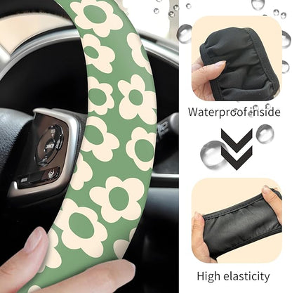 Car Steering Wheel Cover, Universal 15 Inch Neoprene Non-Slip Steering Wheel Covers, Funny Car Accessories for Women Men Fit Auto, Suvs, Truck Vintage Green Flowers