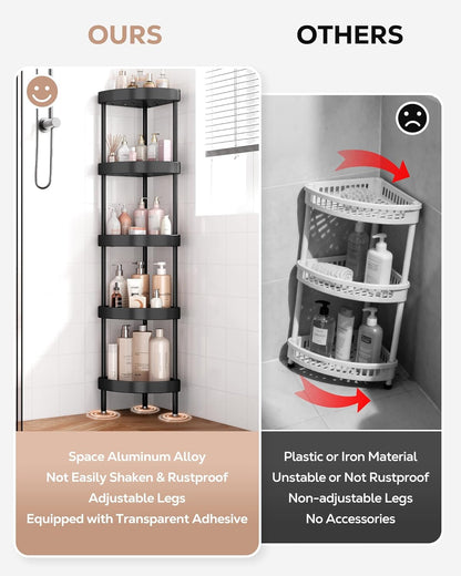 Nieifi Corner Shower Caddy Stand-5 Tier Rustproof Anodized Aluminum Standing Shower Organizer-Shower Caddy Corner-Dual Stability to Anti-Shaking-Height-Adjustable Legs for Uneven Surfaces-Black