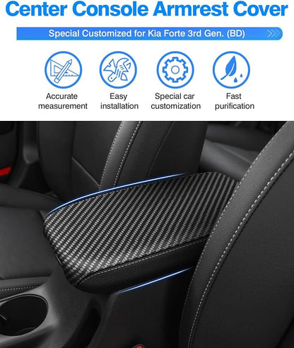 Autorder Center Console Cover for Kia Forte 2019-2024 Accessories Carbon Fiber Armrest Cover Anti-Scratch Middle Console Pad Leather Armrest Protector