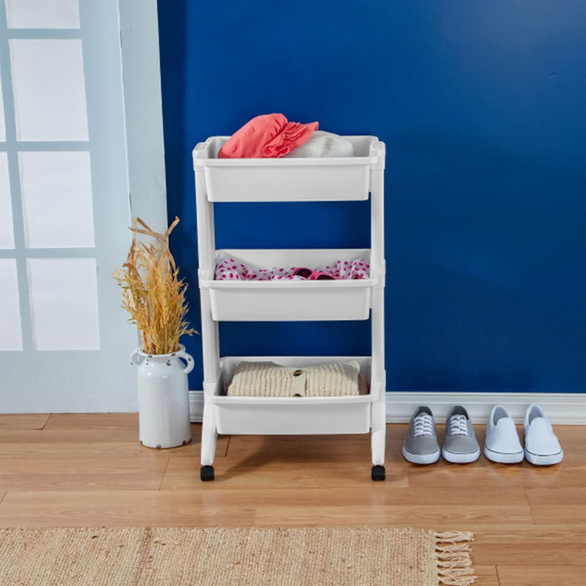 Sterilite 3 Tier Utility Cart Portable Storage Open Bin Organizer with 360 Degree Smooth Rolling Caster Wheels, Supports 10 lb Per Tier, White, 6-Pack