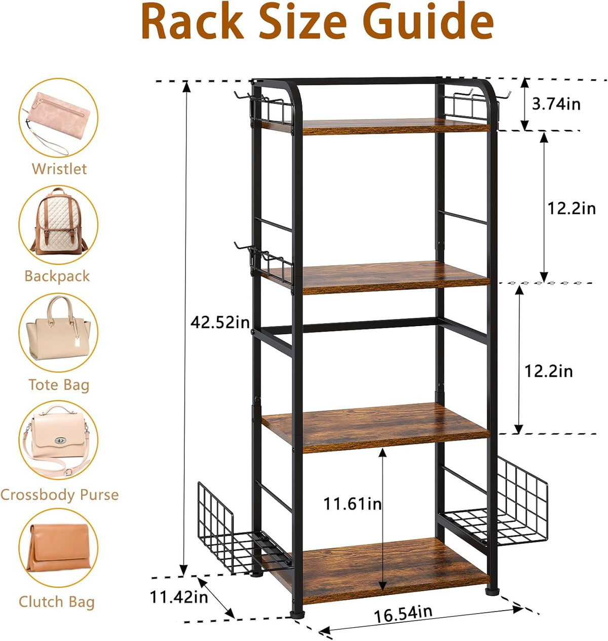 4-Tier Purse Organizer for Closet with 3 Side Hooks and 2 Baskets, High Capacity Purse Rack Stand for Purse Storage, Metal & Wood Handbag Holder for Handbag Organizer, Patent Pending