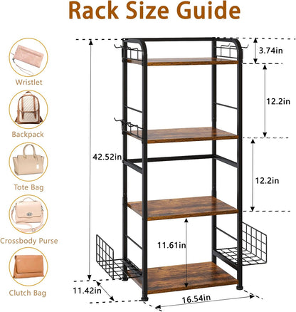 4-Tier Purse Organizer for Closet with 3 Side Hooks and 2 Baskets, High Capacity Purse Rack Stand for Purse Storage, Metal & Wood Handbag Holder for Handbag Organizer, Patent Pending