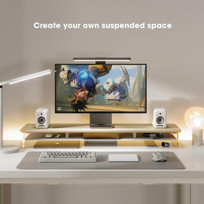Fenge Acrylic Monitor Stand Riser, 42.5 Inches Dual Monitor Stand with Metal Storage, 2 Tier Acrylic Computer Riser for Desk, Clear Laptop Stand for PC, Laptop, Printer, TV, Oak