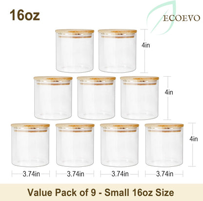 Glass Jars with Bamboo Lids (16oz in 9 Pack), Food Jars and Canisters Sets with lids, Food Storage Jars with Airtight Lids, Glass Pantry Jars