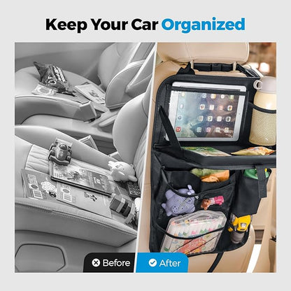 Tsumbay Backseat Car Organizer with Foldable Tray, 9 Pockets, Kick Mat Seat Protector, 18KG Capacity, Waterproof Oxford Fabric for Kids, Family Travel - for Car, SUV, Van (Oxford-2Pck)