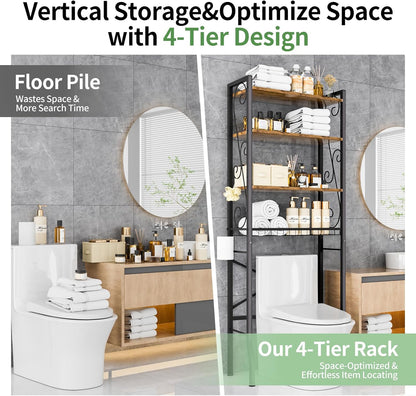 Over-The-Toilet Storage Rack 4-Tier,Bathroom Organizer Shelf Over Toilet,Adjustable Wooden Shelves and Basket,Freestanding Above Toilet Shelf,Space Saver for Rooms(Black Rack-Rustic Brown Shelves)