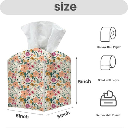 Tissue Box Cover, Tissue Box Holder, Square with Belt Bottom, PU Leather Decorative Organizer for Desk, Countertop Bathroom, Living Room ,Toilet Car, Office, Dresser Bedside, Aesthetic Floral Decor