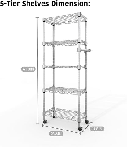 5-Tier Metal Storage Shelving Unit with Wheels, Adjustable Wire Shelf Rack with Side Handle, Stable Metal Shelves Organizer for Pantry, Kitchen and Closet,11.8" W x 23.6" D x 61" H