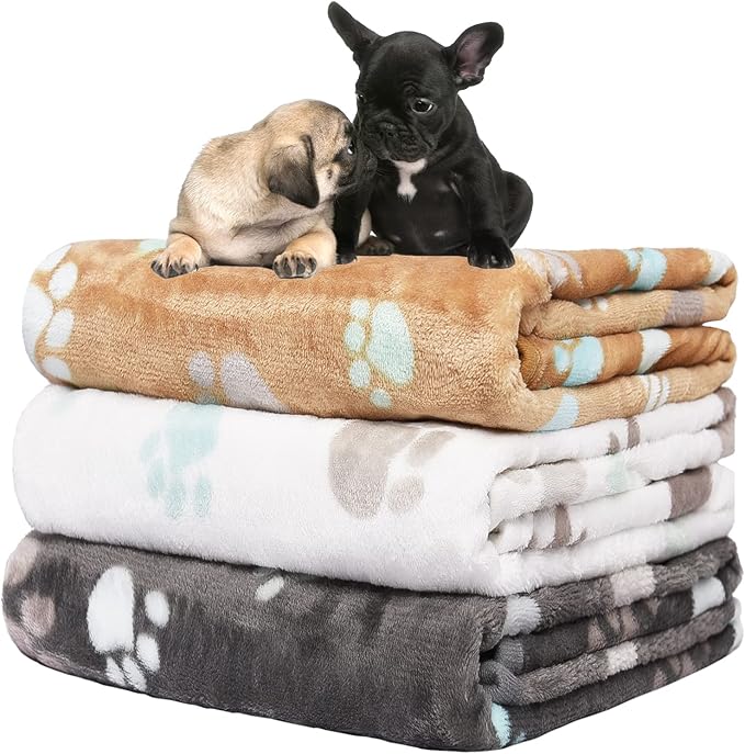 Rezutan Small Dog Blankets 3 Pack for Pet Cat Soft Fuzzy Washable Puppy Blankets, Reversible Paw Print Suitable for Dog Kennels & Beds Sofas Gifts Puppy Essentials, 23x16 inch