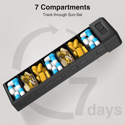 HEIYING Pill Organizer with Aluminum Shell for One Week Capacity, Portable 7 Compartments Pill Box Container to Hold Vitamin, Medicine, Supplements