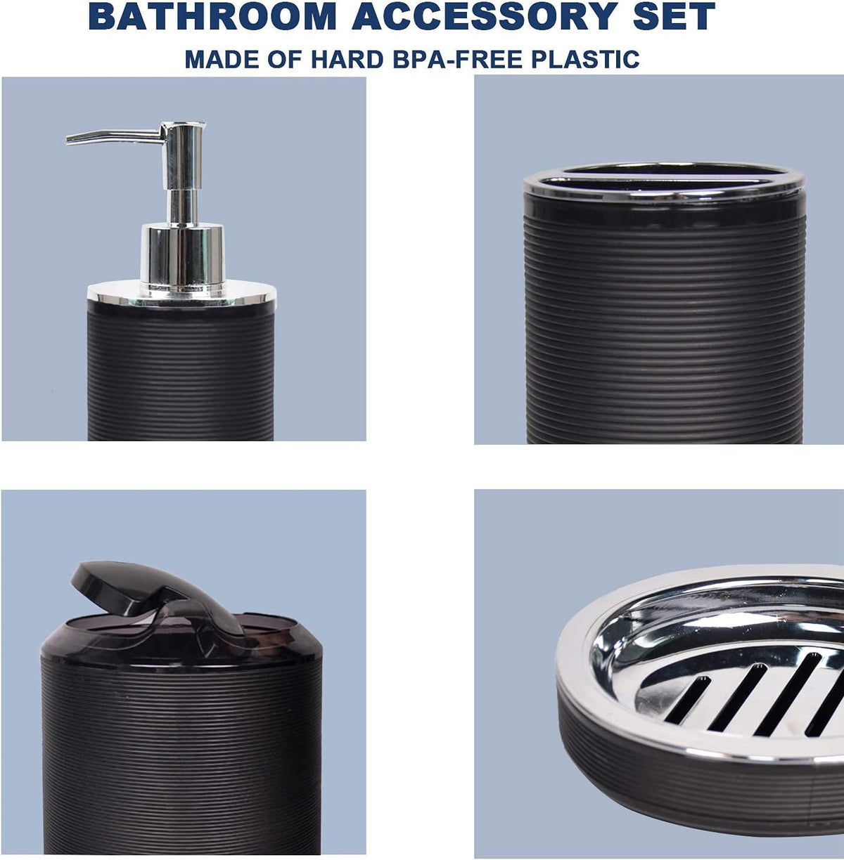 CERBIOR Bathroom Accessories Set 6 Piece Bath Ensemble Includes Soap Dispenser, Toothbrush Holder, Toothbrush Cup, Soap Dish for Decorative Countertop and Housewarming Gift, Black