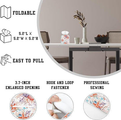 OHEGBXE Watercolor Seashell Tissue Box Holder Corals and Starfishes Square Leather Tissue Box Cover Modern Cube Facial Paper Cover Case for Bathroom Vanity Countertop Night Stands Tabletop