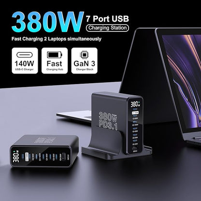 URVNS 240W 4-Ports USB C Car Charger Bundle with a 380W 7-Ports USB C Charging Station with LED Display
