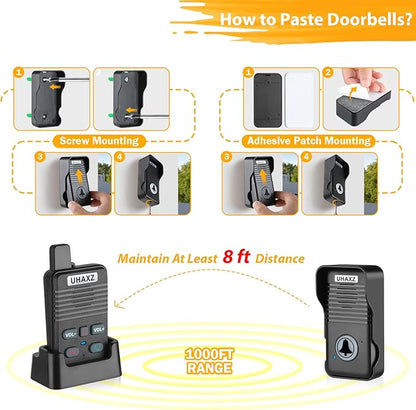 Wireless Doorbell, Hand-Free Door Bell, 1000Ft Long Range, Full Duplex 2 Way