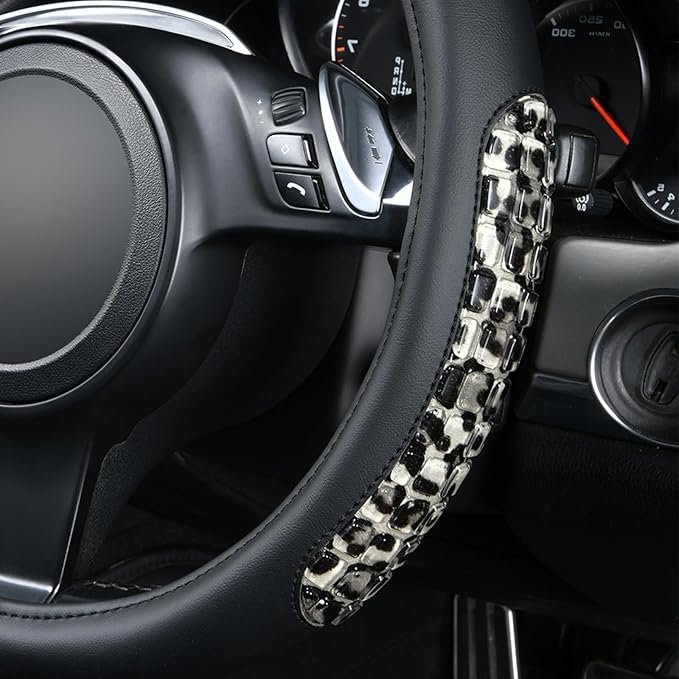 Flying Banner car Steering Wheel Cover Gel Massage Velvet Cool Warm Universal Size 15 inches SUV Truck Anti Slip Odorless Summer Winter (Black Gray Leopard Print, Gel Massage)