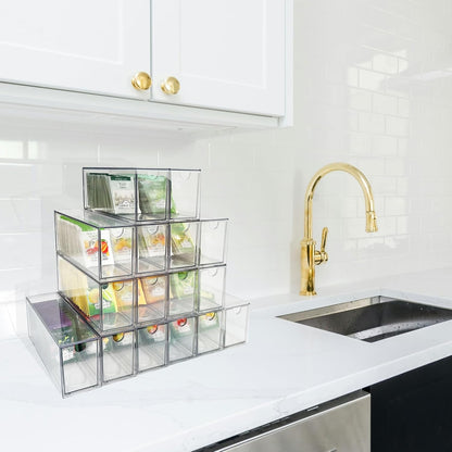 16-Pack Tea Bag Drawers Organizer - 16 Clear Plastic Drawer Tea Bag Holder; Stackable & Portable; Wider Size; Well-Organized Storage for Tea Bags & Kitchen Essentials；High Volume