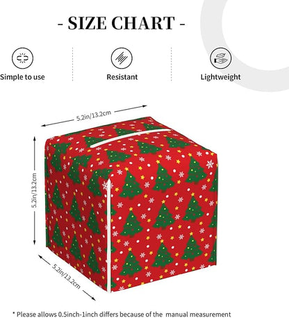 Christmas Tree and Snowflakes Tissue Box Cover Square,Red Green Christmas Pine Tree Tissue Box Holder Waterproof Leather Facial Paper Organizer Dispenser for Bathroom Home Car Nightstand Vanity Desk