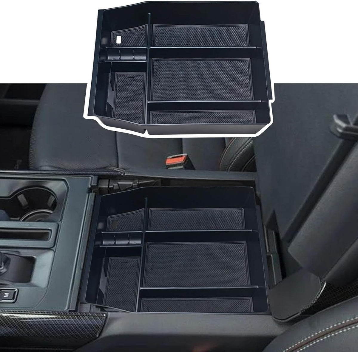 Center Console Organizer Compatible with 2021 2022 2023 2024 Ford F150 Interior Accessories, Armrest Box Insert Storage Tray (Full Console w/Bucket Seats ONLY) Black Trim