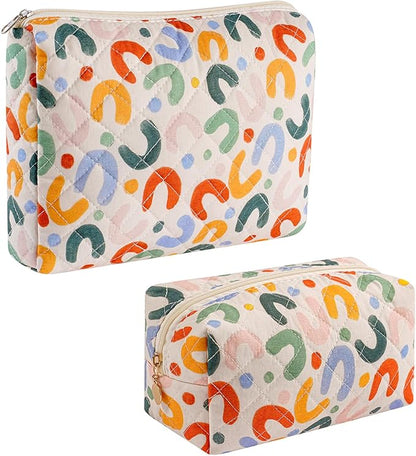 Gleyemor 2 Pieces (Large + Small) Quilted Makeup Bag, Cute Floral Cosmetic Bag for Women, Travel Toiletry Cotton Bag Tote Bag Organizer (Colorful U)
