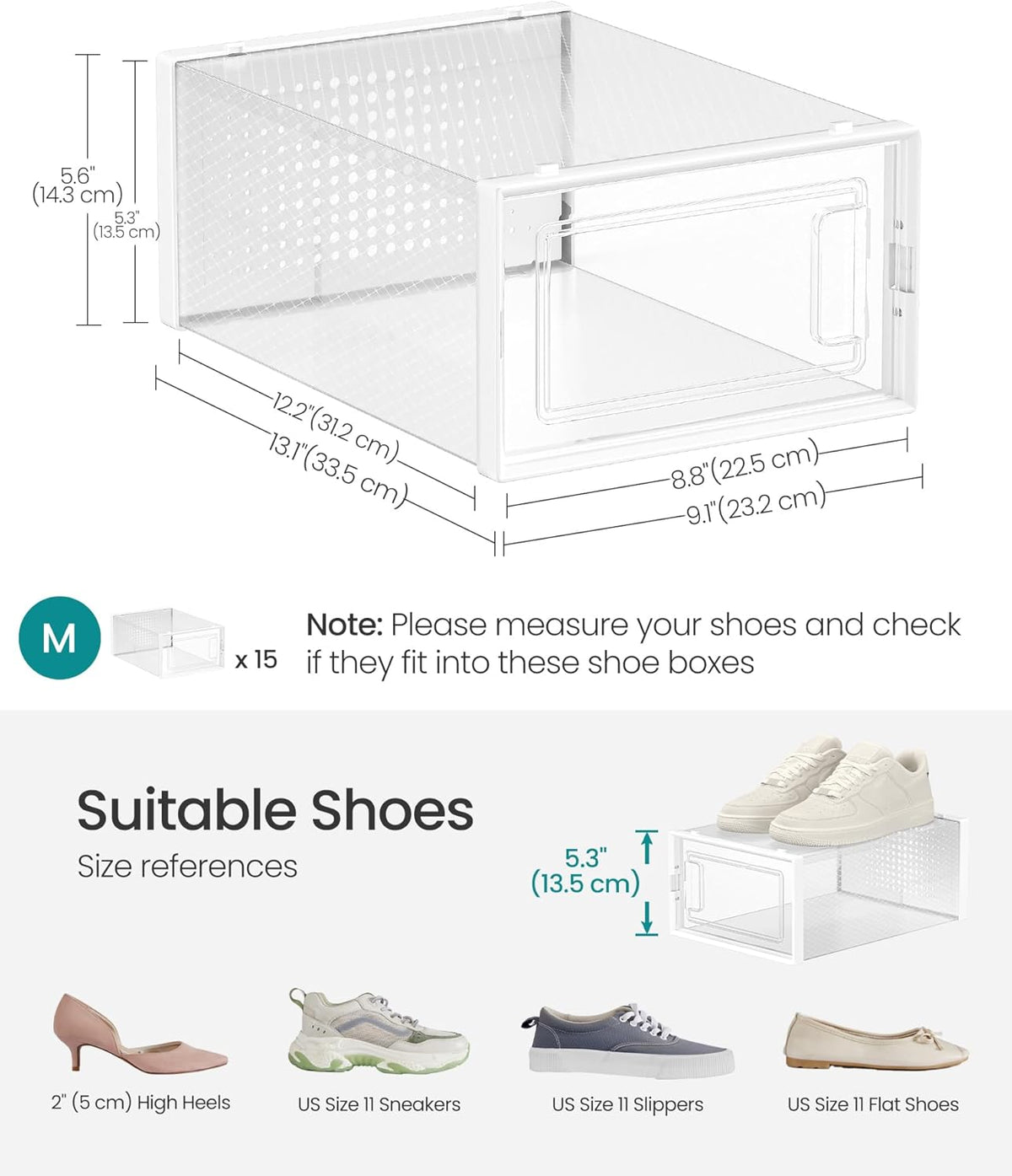 SONGMICS Shoe Boxes, Pack of 15 Shoe Storage Organizers, Stackable Clear Plastic Boxes for Closet, Sneakers, 13.1 x 9.1 x 5.6 Inches, Transparent and White ULSP015W02