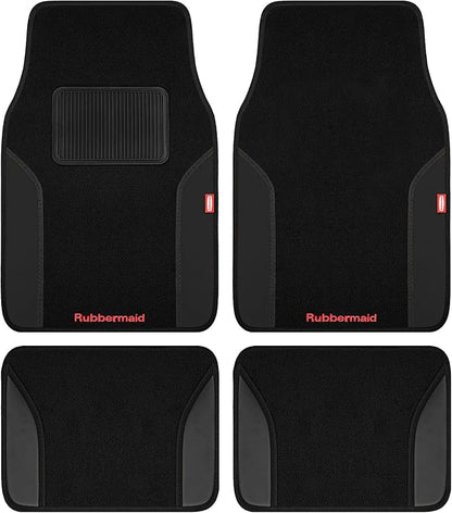 Rubbermaid Car Mats, Carpeted Floor Car Mat with Faux Leather & Built-in Heel Pad, Two-Tone Car Rug Floor Mats, Stylish Carpeted Floor Mats for Cars, Trucks & SUVs Black Color