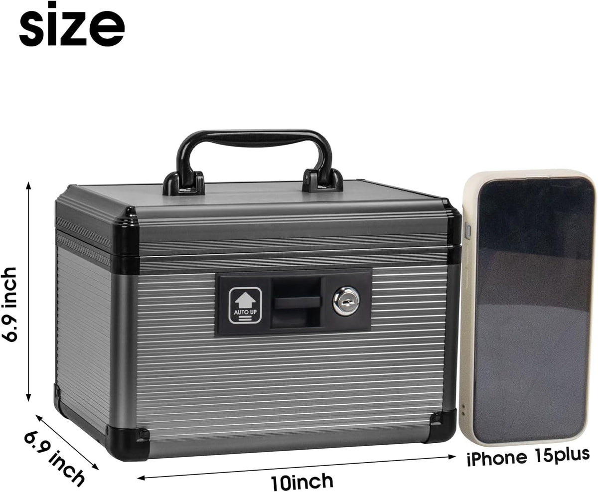 Medicine Lock Box with Key, Alluminum Alloy Box for Medication,First Aid Box with a Removeable Tray to Store Medicines & Pills for Home,Black 10 * 6.89 * 6.89 Inch