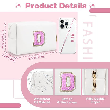 Small Initial Patch Makeup Bag Personalized Gifts Make Up Bag,White Cute PU Leather Glitter Letter Cosmetic Bag with Zipper,Trendy Portable Travel Toiletry Pouch,Preppy Stuff for Teen Girls Women D