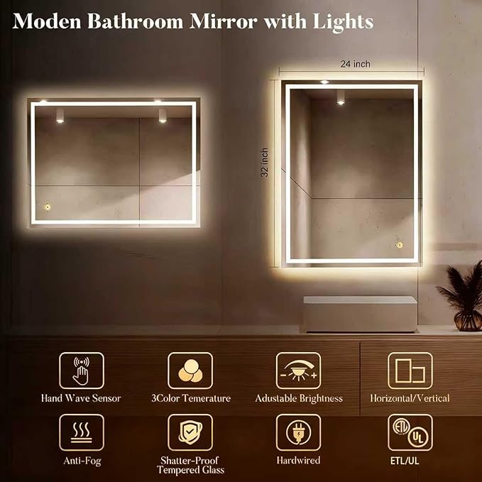 LED Bathroom Mirror with Lights, Hand Wave, Tempered Glass, Shatter-Proof