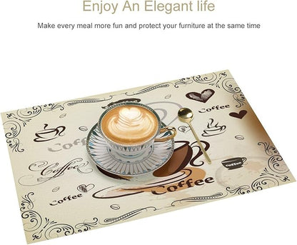 Coffee Kitchen Placemats Vintage Rustic Coffee Theme Latte Tea Cup Cappuccino Placemats Table Kitchen Dining Party 12x18 Inch Set of 6