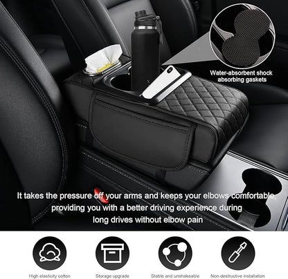 Priprilod Car Center Console Armrest Pillow, Leather Memory Foam Car Armrest Cushion with Cup Holder & Phone Holder, Universal Armrest Storage Box Protector for Most Vehicles, Car Accessories (Black)