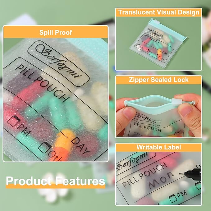 Serfeymi 32 Pcs Pill Pouch Bags for Travel Reusable Plastic Bags 3 x 3 Inches 12 mil (Double Sided) Translucent Zippered Pill Pouches for Medicine with Slide Lock & Writable Label，1 Pc Marker - Green
