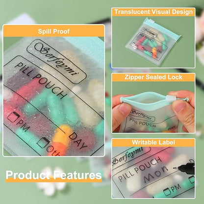 Serfeymi 32 Pcs Pill Pouch Bags for Travel Reusable Plastic Bags 3 x 3 Inches 12 mil (Double Sided) Translucent Zippered Pill Pouches for Medicine with Slide Lock & Writable Label，1 Pc Marker - Green