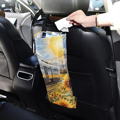 ALAZA Hanging Car Trash Bags Garbage Bag Trash Can for Back Seat Small Sunflower Train Washable Storage Bag Retractable 2 Pack
