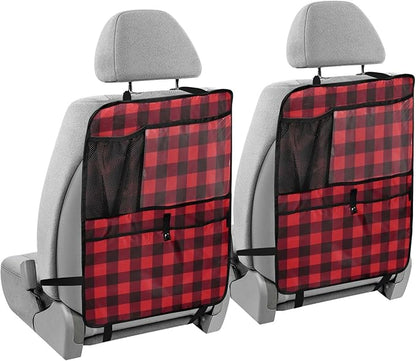 1 Pack Back Seat Car Organizer with Storage Pockets Kick Mats Back Seat Protector Hanging Car Organizer Automotive Seat Back Cover Organizers Red and Black Buffalo Plaid