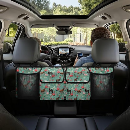 Horses Car Trunk Organizer with 4 Storage Bags Pink Floral Flowers Car Storage Organizer Waterproof,Easy to Install
