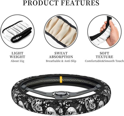 Flower Sugar Skull Steering Wheel Cover Women 15 inch Anti-Slip Sweat Absorption Steering Wheel Covers Cute Car Accessories Decor Car SUV Sedan Vans Truck Protector