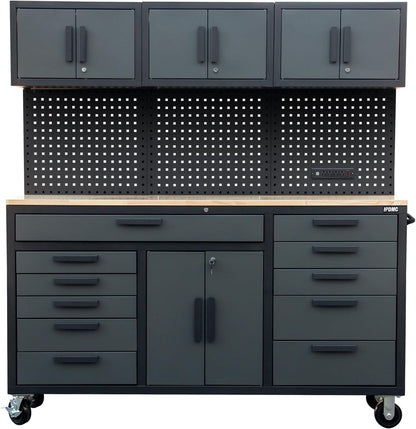 72in Rolling Tool Chest Cabinet Mobile Garage Workbench Heavy-Duty Tool Cabinet on Wheels with 11 Drawers, 2-Door Cabinet, 3 Top Cabinet, Pegboard & Power Strip for Tool Organization