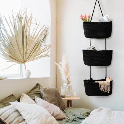 TeoKJ Over the Door Organizer, 3-Tier Woven Cotton Hanging Kitchen Baskets Storage Organizer Bag with Hooks Wall-Mounted Decorative Rope Baskets - Black