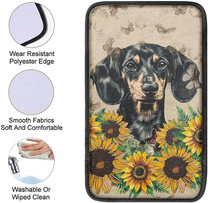 Suobstales Dachshund Sunflower Butterfly Print Car Accessories Center Console Cover Replacement, Universal Armrest Cover for Car Center Console for Truck Sedan SUV