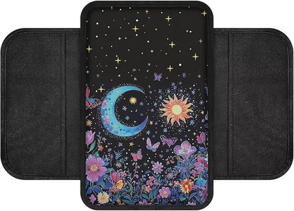 Dreaweet Car Center Console Cover Sun and Moon Floral Car Accessories for Women Girly,Car Armrest Cover with Storage Pockets Universal Arm Rest Center Console Cushion Pad Soft & Comfy