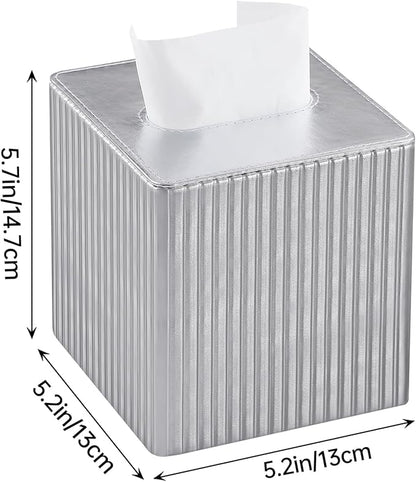 MEIBOOCH PU Leather Tissue Box Cover Square, Rectangle Tissue Box Holder with Magnetic Closure, Decorative Tissue Holder for Bathroom Bedroom Office (Shiny Silver, Square)