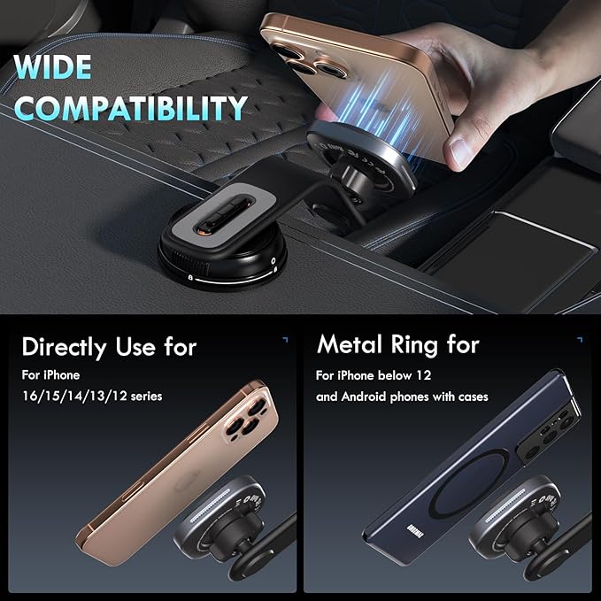 Coverado for 15W Magsafe Car Mount Charger, QI2 Wireless Car Charger Phone Holder fwith Adjustable Aluminum Alloy Arm, Magnetic Car Phone Holder Suction Cup for iPhone 17/16/15/14/13/12