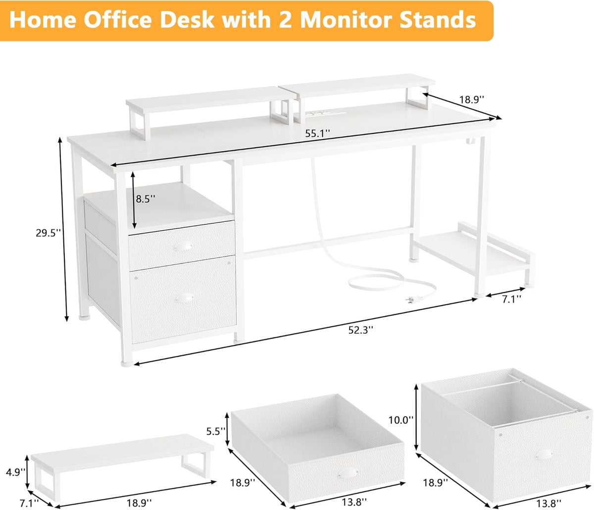 Furologee 55" Computer Desk with File Cabinet and Power Outlets, Home Office Desk with 2 Monitor Stands and Storage Drawer, Writing Gaming Table with Shelves and 2 Hooks for Bedroom, White
