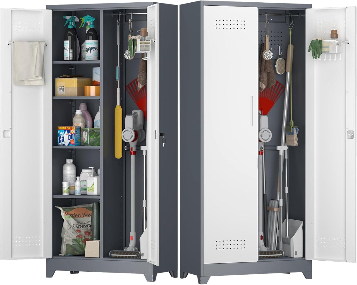 Broom Storage Cabinet, Metal Cabinet with Shelves and Hanging Rod, 72.8" Utility Cabinets with Locking Door, Tall Cleaning Storage for Kitchen, Pantry, Office, Shop, Garage