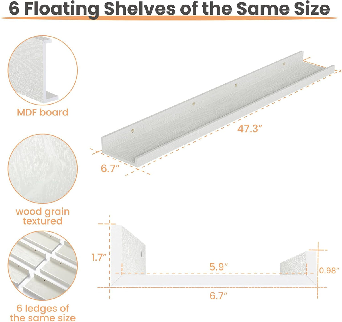 upsimples Floating Shelves for Wall, 47.3 Inch Shelves for Decor Storage Set of 6, Wall Mounted Wood Shelf for Bedroom, Living Room, Bathroom, Kitchen, Long Picture Ledge Shelves, White