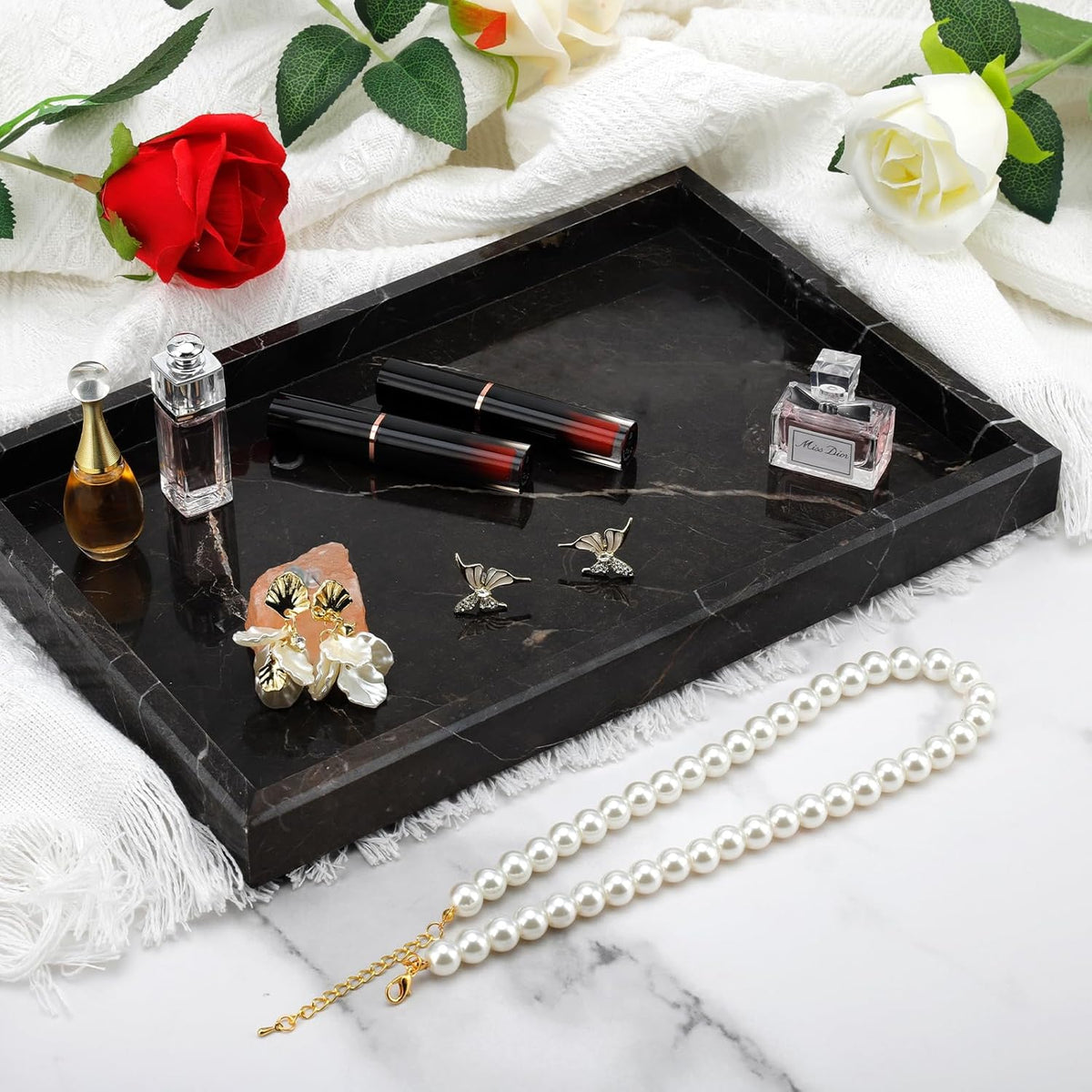 Brown Marble Tray,Pure Natural Vanity Tray,Marble Tray for Kitchen Counter Non-Ceramic/Non-Resin,Stone Trays 12 x 8 inch