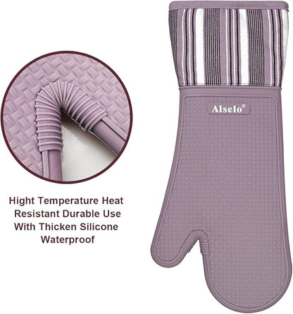 Silicone Oven Mitts Heat Resistant 550 Degree Extra Long Kitchen Gloves Pot Holders with Waterproof and Non-Silp for Baking Cooking Barbecue Microwave Machine Washable (Extra Long Purple, 2)
